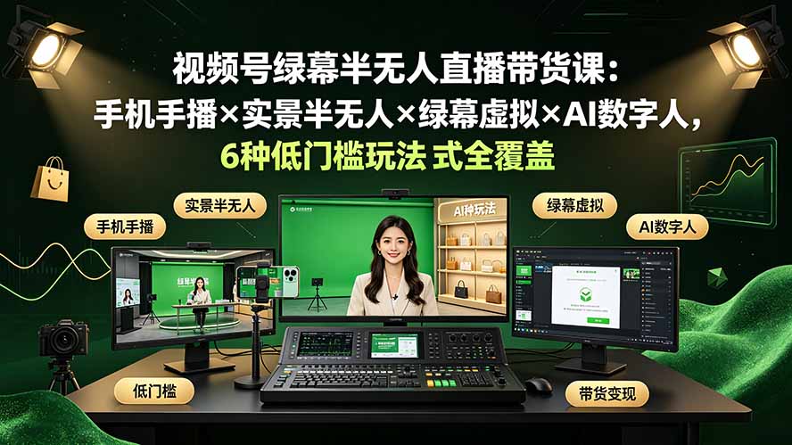 视频号绿幕半无人直播带货课:手机手播×实景半无人×绿幕虚拟×AI数字人,6种低门槛玩法全覆盖-皮皮网创