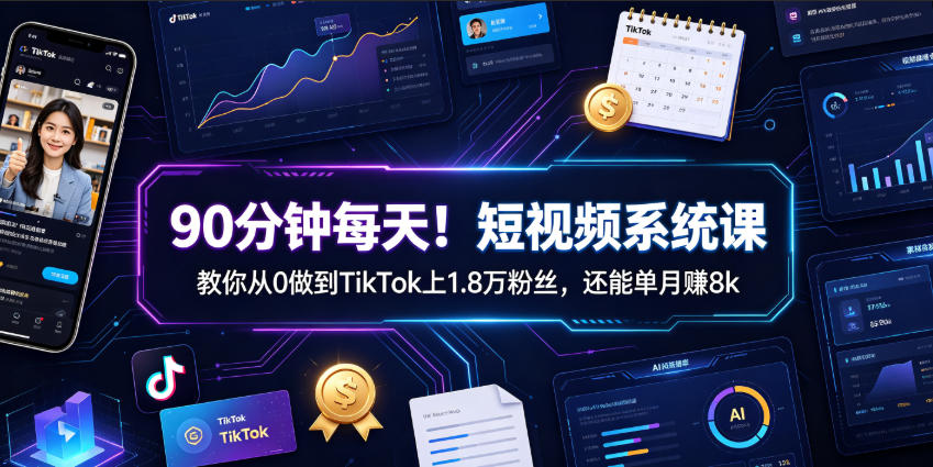 90分钟每天！短视频系统课教你从0做到TikTok上1.8万粉丝，还能单月賺8k【原创双语字幕】-皮皮网创