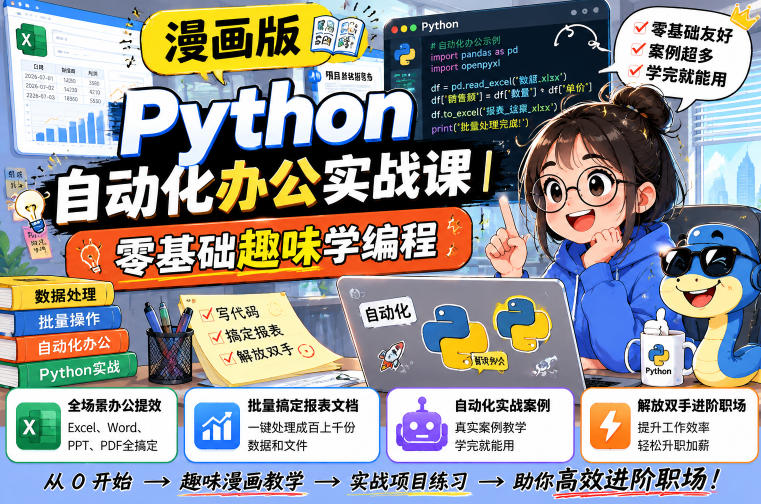 漫画版Python自动化办公实战课|零基础趣味学编程,全场景办公提效、批量搞定报表文档、解放双手进阶职场-皮皮网创