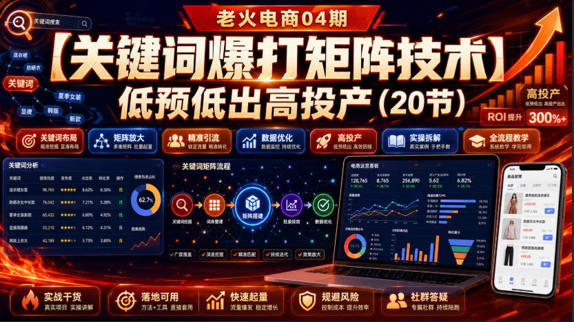 老火电商04期:【关键词爆打矩阵技术】低预低出高投产(20节)-皮皮网创