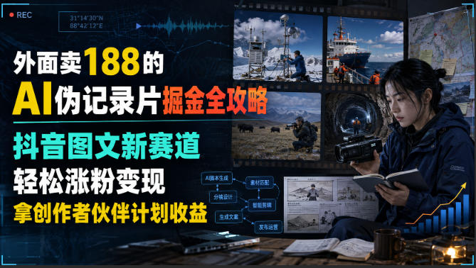 外面卖188的AI伪记录片掘金全攻略,抖音图文新赛道,轻松涨粉变现,拿创作者伙伴计划收益【文档】-皮皮网创