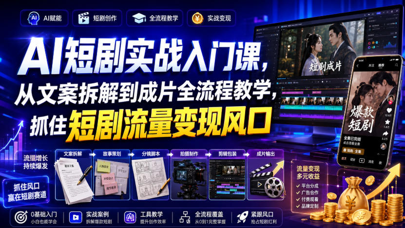 AI短剧实战入门课,从文案拆解到成片全流程教学,抓住短剧流量变现风口-皮皮网创
