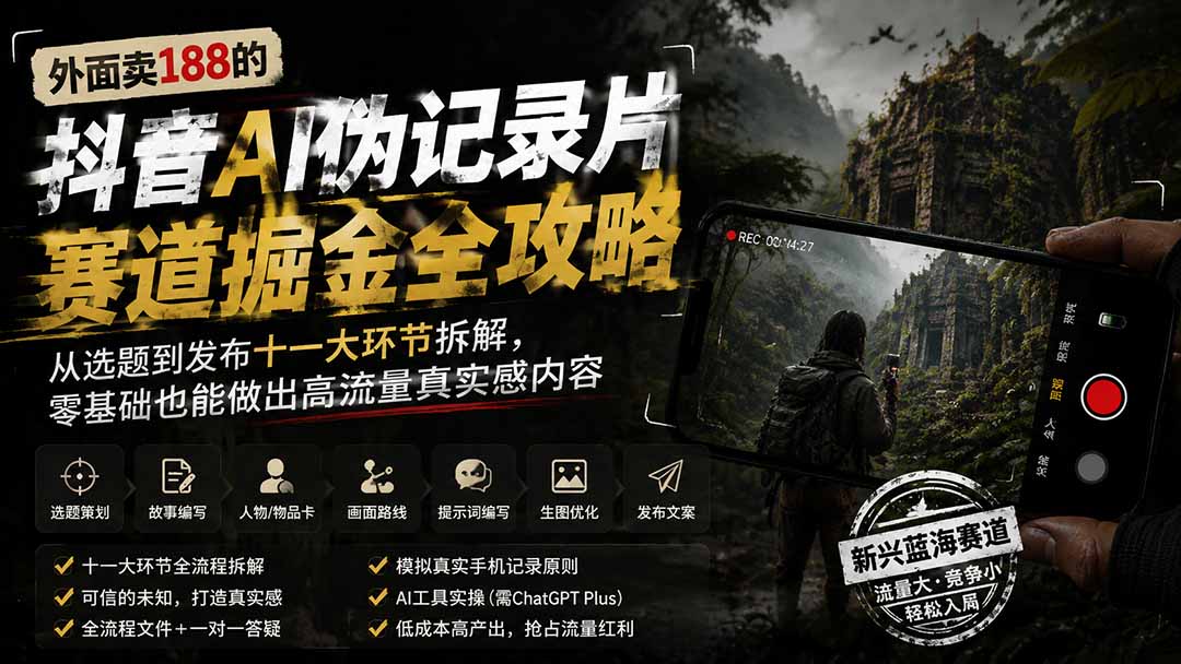外面卖188的抖音AI伪记录片赛道掘金全攻略;从选题到发布十一大环节拆解,零基础也能做出高流量真实感内容-皮皮网创