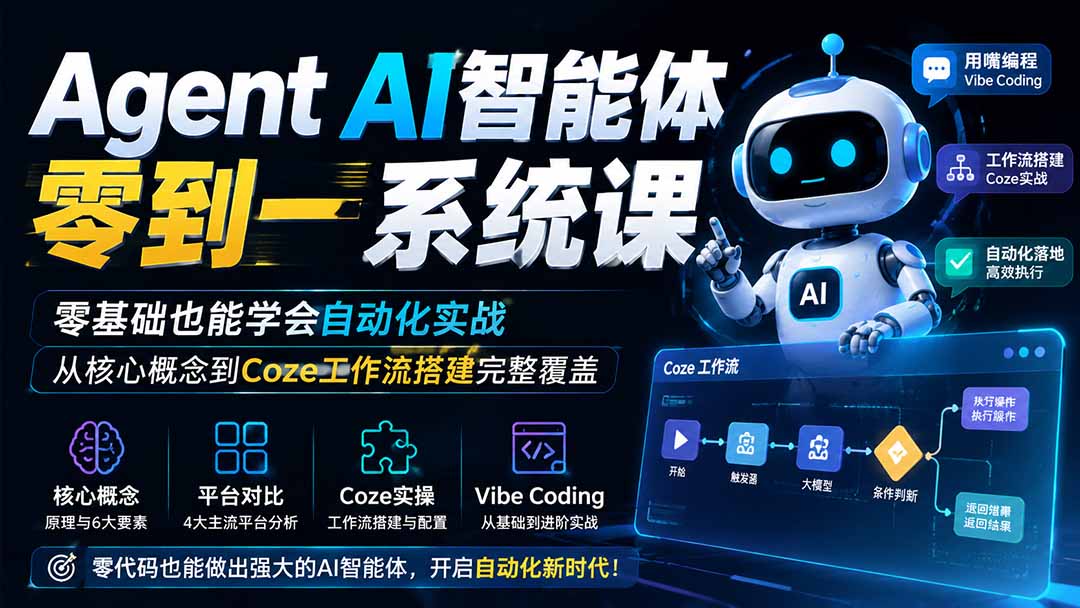 Agent AI智能体零到一系统课；零基础也能学会自动化实战，从核心概念到Coze工作流搭建完整覆盖-皮皮网创
