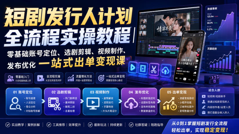 短剧发行人计划全流程实操教程|零基础账号定位、选剧剪辑、视频制作、发布优化一站式出单变现课-皮皮网创