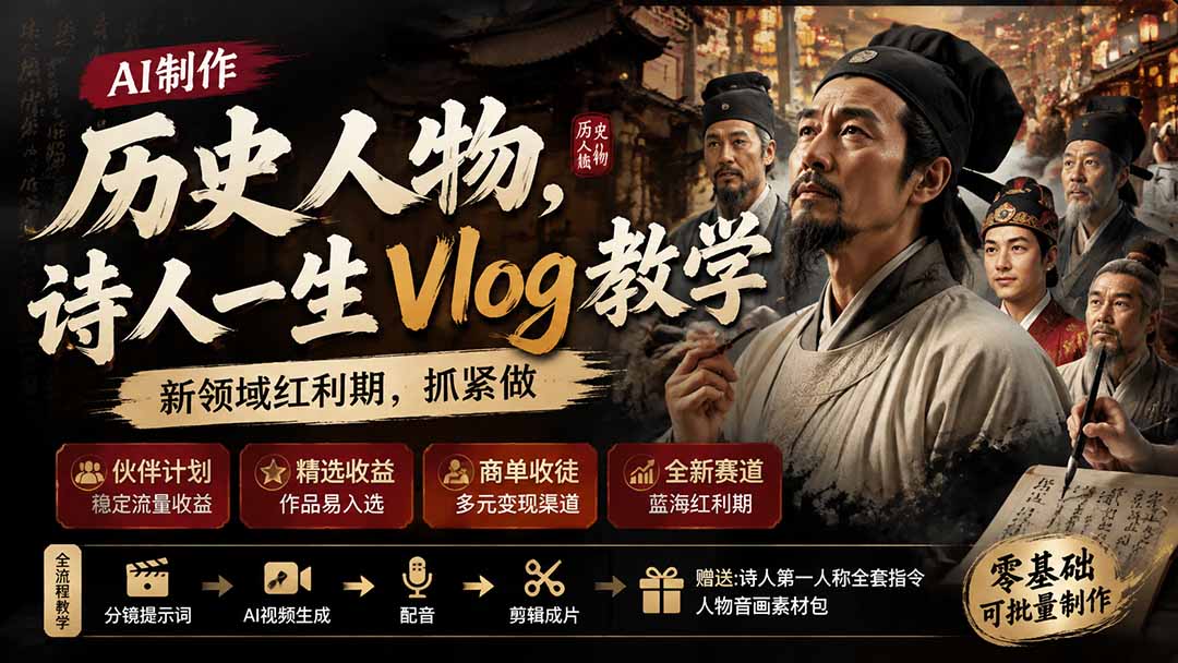 历史人物,诗人一生Vlog教学, AI制作丨伙伴计划丨精选收益丨商单收徒 ,新领域红利期,抓紧做-皮皮网创