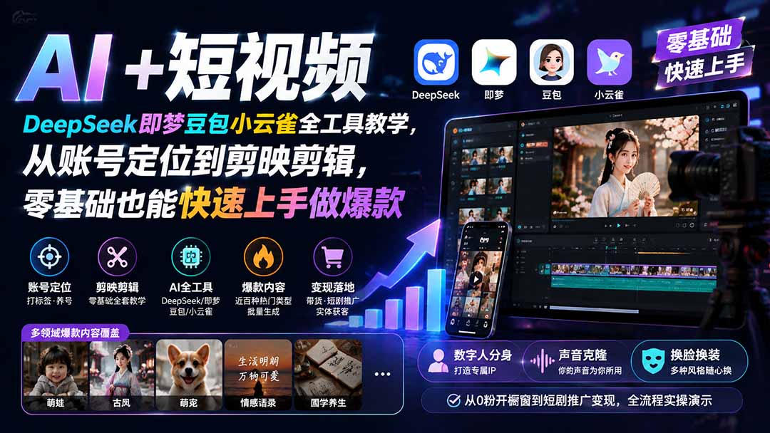 AI+短视频|DeepSeek即梦豆包小云雀全工具教学,从账号定位到剪映剪辑,零基础也能快速上手做爆款-皮皮网创