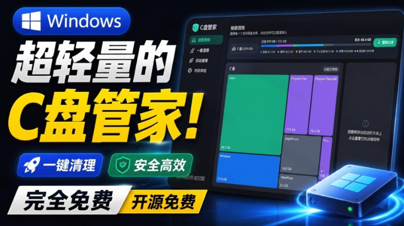 Windows超轻量的C盘管家!超级有特点,支持磁盘分析及清理提醒,2M大小体积,完全免费C盘管家-皮皮网创