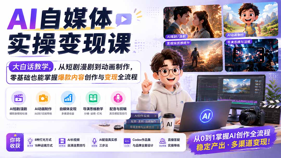 AI自媒体实操变现课|大白话教学,从短剧漫剧到动画制作,零基础也能掌握爆款内容创作与变现全流程-皮皮网创