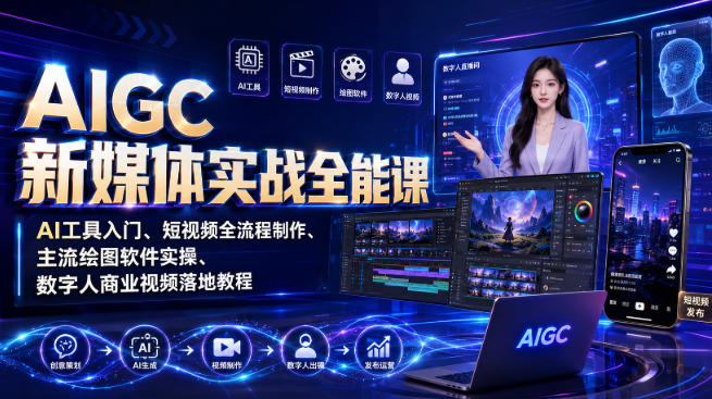 AIGC新媒体实战全能课｜AI工具入门、短视频全流程制作、主流绘图软件实操、数字人商业视频落地教程-皮皮网创