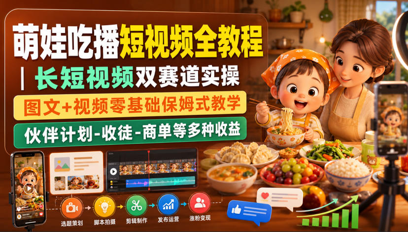 萌娃吃播短视频全教程|长短视频双赛道实操,图文+视频零基础保姆式教学,伙伴计划-收徒-商单等多种变现方式-皮皮网创