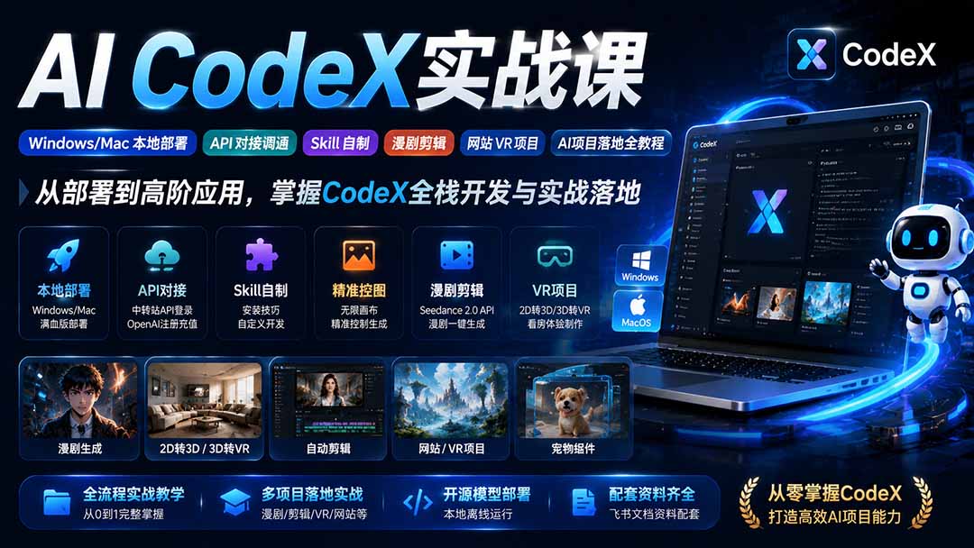 AI CodeX实战课|Windows/Mac 本地部署|API 对接调通|Skill 自制|漫剧剪辑|网站 VR 项目|AI项目落地全教程-皮皮网创