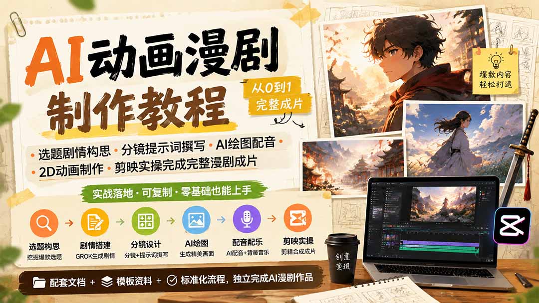 AI动画漫剧制作教程｜选题剧情构思·分镜提示词撰写·AI绘图配音·2D动画制作·剪映实操完成完整漫剧成片-皮皮网创