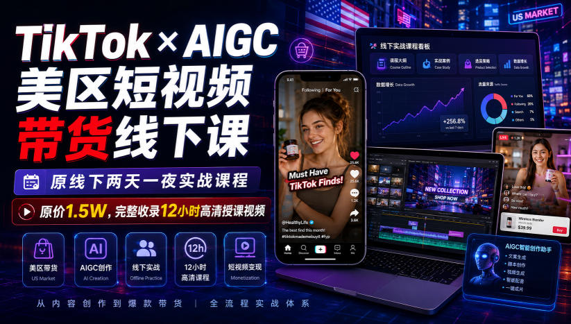 TikTok×AIGC美区短视频带货线下课,原线下两天一夜实战课程,原价1.5W,完整收录12小时高清授课视频-皮皮网创