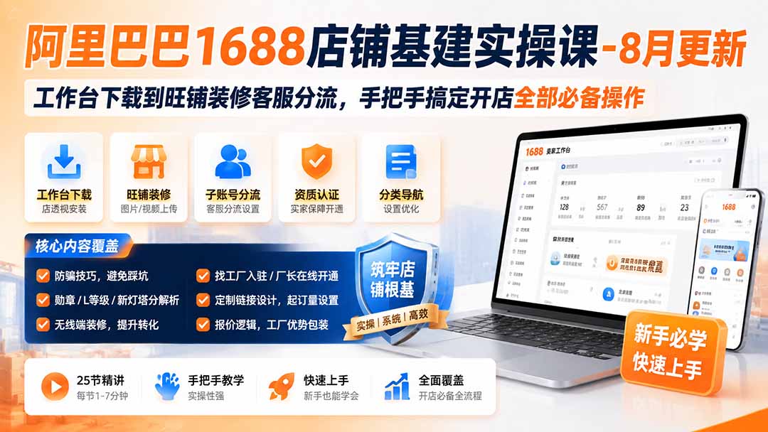 阿里巴巴1688店铺基建实操课-8月更新;工作台下载到旺铺装修客服分流,手把手搞定开店全部必备操作-皮皮网创