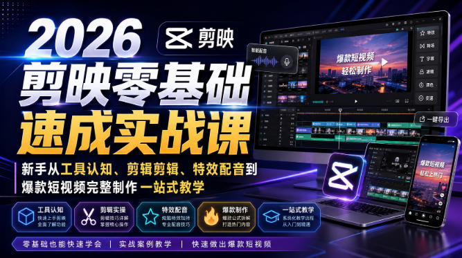 2026剪映零基础速成实战课|新手从工具认知、剪辑剪辑、特效配音到爆款短视频完整制作一站式教学-皮皮网创