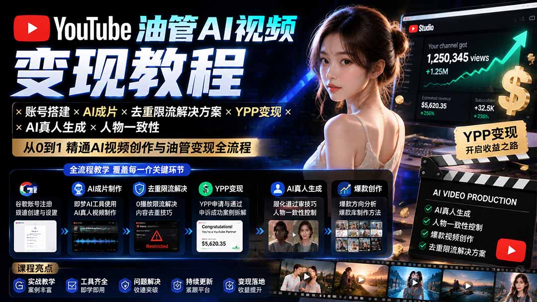 YouTube油管AI视频变现教程-更新:账号搭建×AI成片×去重限流解决方案×YPP变现×AI真人生成×人物一致性-皮皮网创