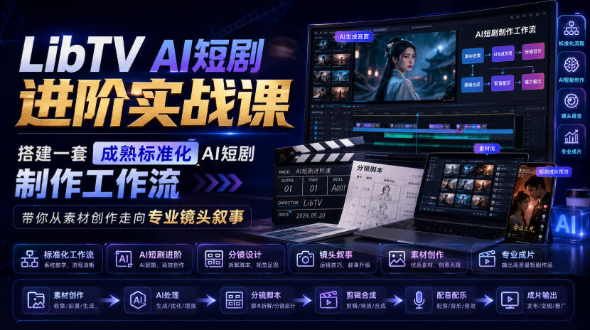 LibTV AI短剧进阶实战课,搭建一套成熟标准化AI短剧制作工作流,带你从素材创作走向专业镜头叙事-皮皮网创