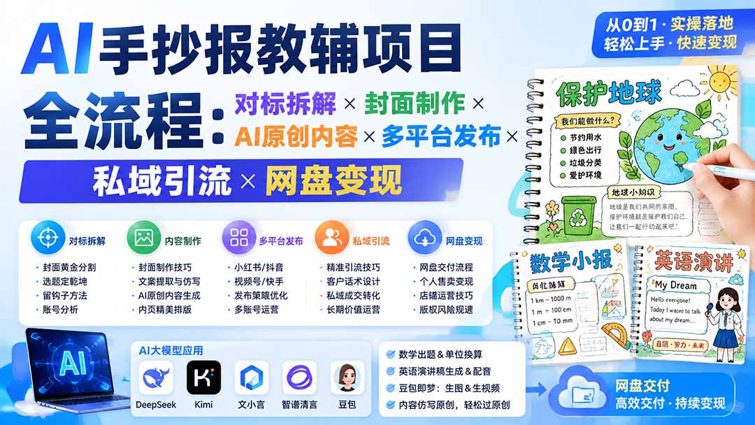 AI手抄报教辅项目全流程：对标拆解×封面制作×AI原创内容×多平台发布×私域引流×网盘变现-皮皮网创