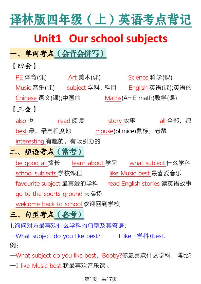 新四年级上册英语译林版考点背记-皮皮网创