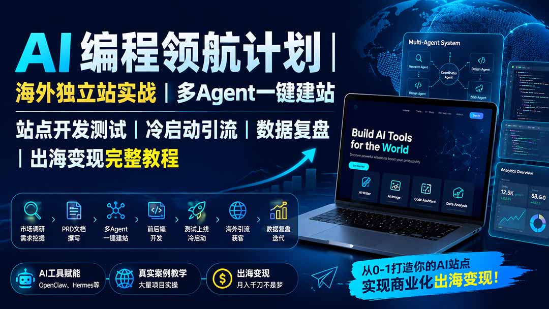 AI编程领航计划｜海外独立站实战｜多Agent一键建站｜站点开发测试｜冷启动引流｜数据复盘｜出海变现完整教程-皮皮网创