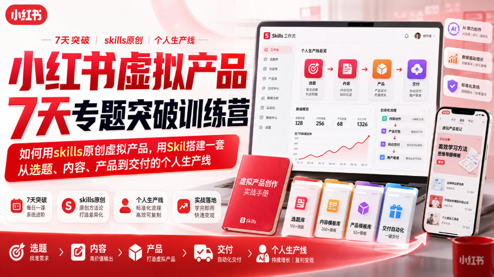 小红书虚拟产品7天专题突破训练营,如何用skills原创虚拟产品,用Skil搭建一套从选题、内容、产品到交付的个人生产线-皮皮网创
