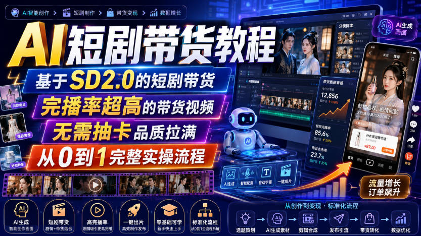 AI短剧带货教程，基于SD2.0的短剧带货，完播率超高的带货视频，无需抽卡品质拉满，从0到1完整实操流程-皮皮网创