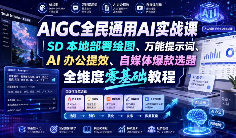 AIGC全民通用AI实战课|SD本地部署绘图、万能提示词、AI办公提效、自媒体爆款选题全维度零基础教程-皮皮网创