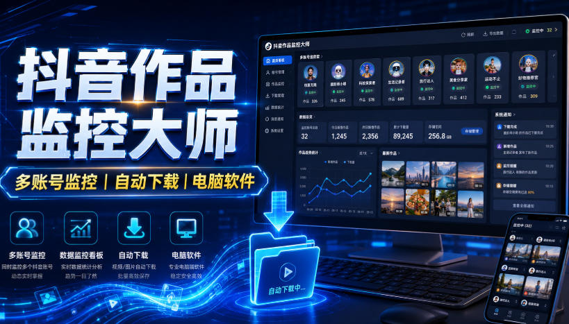 抖音作品监控大师,多账号监控丨自动下载丨电脑软件-皮皮网创