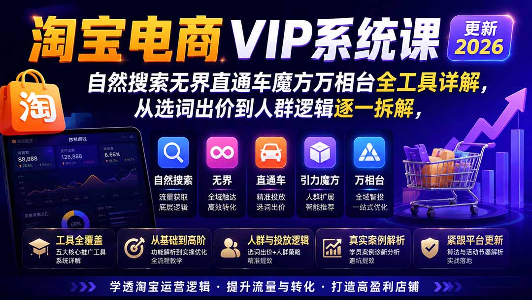 淘宝电商VIP系统课-更新8月;自然搜索无界直通车魔方万相台全工具详解,从选词出价到人群逻辑逐一拆解-皮皮网创