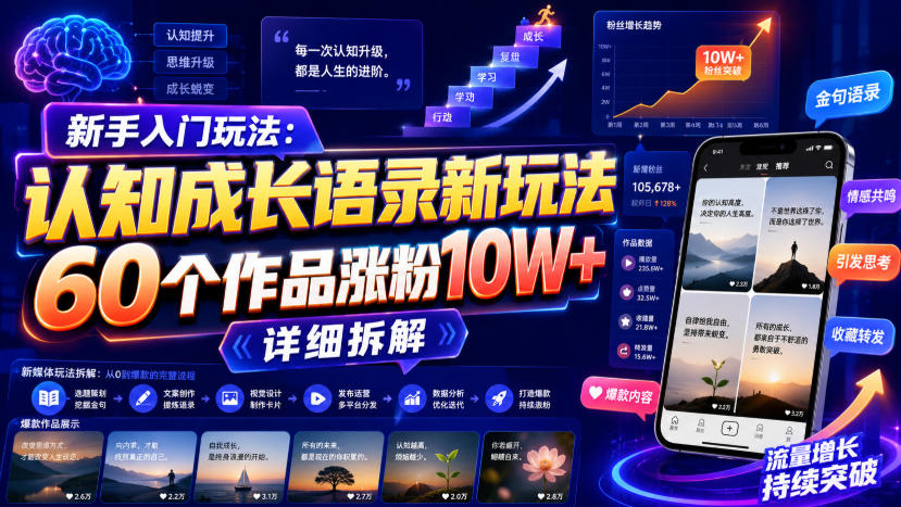 新手入门玩法:认知成长语录新玩法,60个作品涨粉10W+,详细拆解-皮皮网创