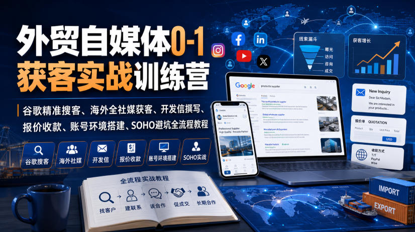 外贸自媒体0-1获客实战训练营|谷歌精准搜客、海外全社媒获客、开发信撰写、报价收款、账号环境搭建、SOHO避坑全流程教程-皮皮网创