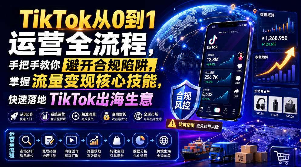TikTok从0到1运营全流程,手把手教你避开合规陷阱,掌握流量变现核心技能,快速落地TikTok出海生意(更新8月)-皮皮网创