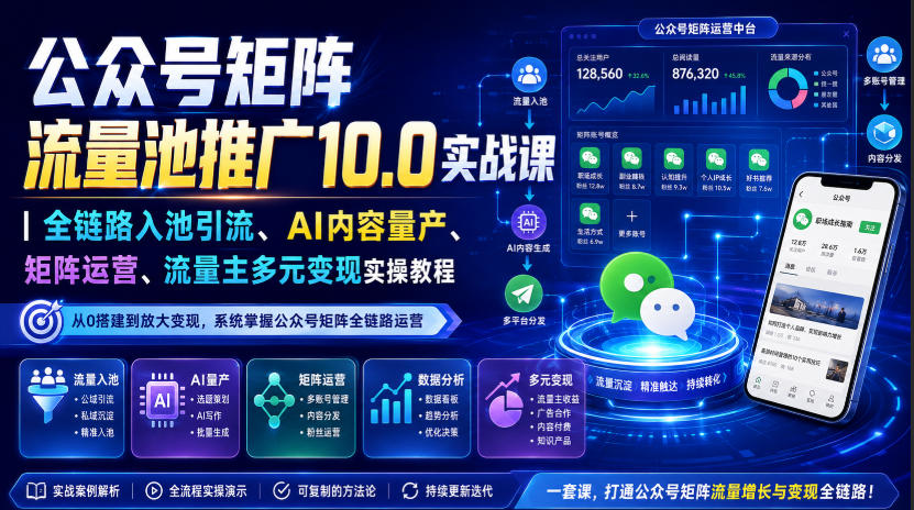 公众号矩阵流量池推广10.0实战课|全链路入池引流、AI内容量产、矩阵运营、流量主多元变现实操教程-皮皮网创