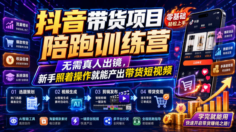 抖音带货项目陪跑训练营，无需真人出镜，新手照着操作就能产出带货短视频(更新0811)-皮皮网创