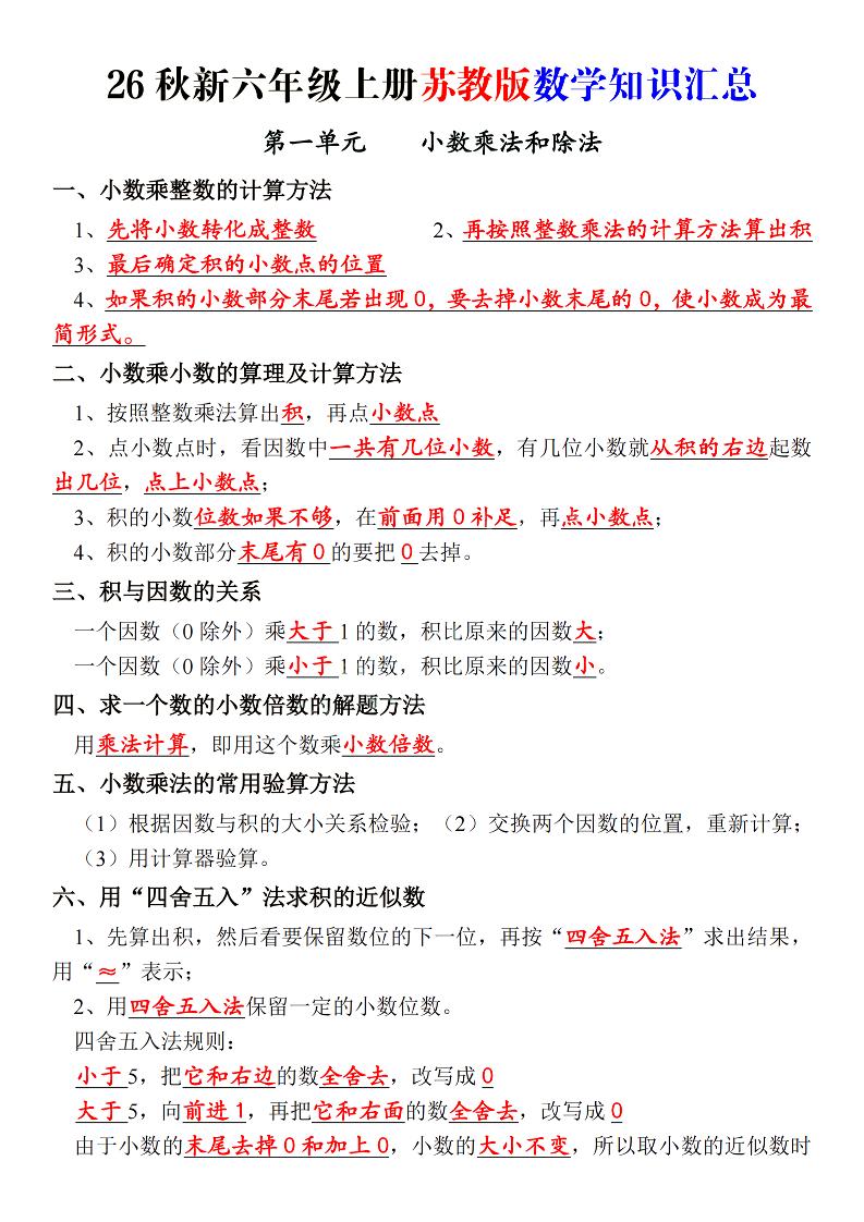 26秋新六上苏教版数学知识汇总_-皮皮网创