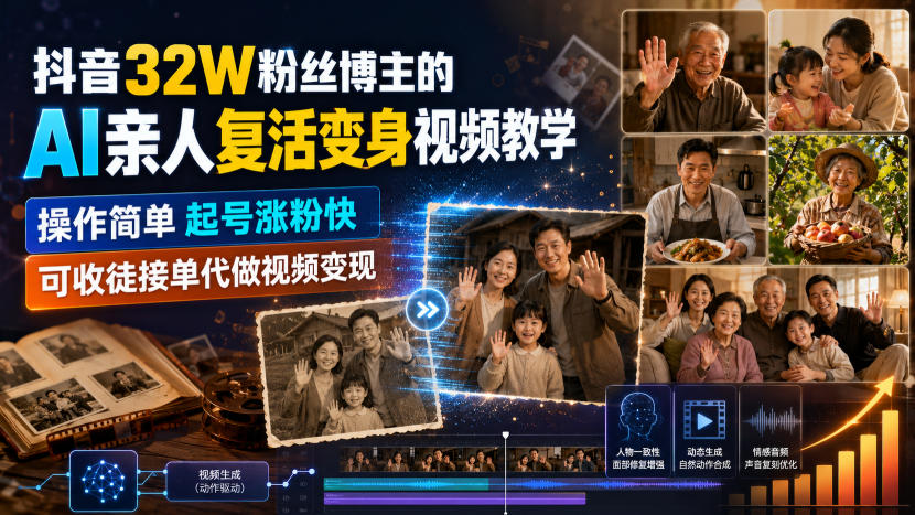 抖音32W粉丝博主的AI亲人复活变身视频教学,操作简单,起号涨粉快,可收徒接单代做视频变现-皮皮网创