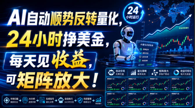 AI自动顺势反转量化，24小时挣美金，每天见收益，可矩阵放大！【揭秘】-皮皮网创