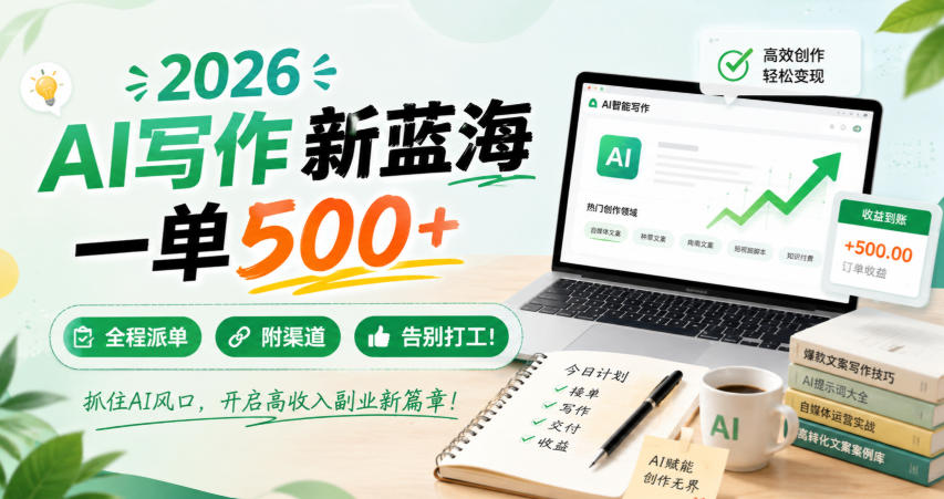 2026 AI写作新蓝海，一单500+，全程派单，附渠道，告别打工！【揭秘】-皮皮网创