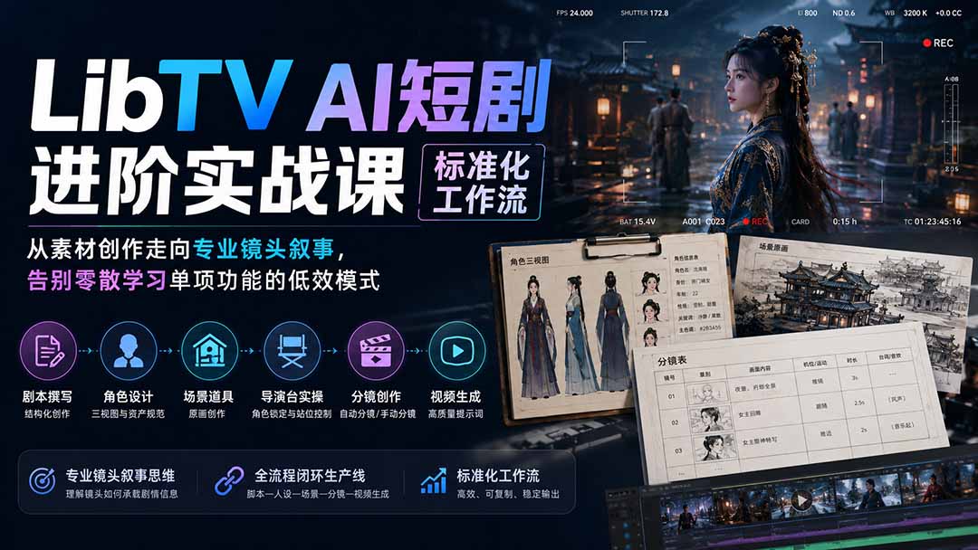 LibTV AI短剧进阶实操课标准化工作流；从素材创作走向专业镜头叙事，告别零散学习单项功能的低效模式-皮皮网创