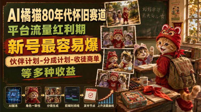 AI橘猫80年代怀旧赛道，平台流量红利期，新号最容易爆，伙伴计划-分成计划-收徒商单等多种收益-皮皮网创