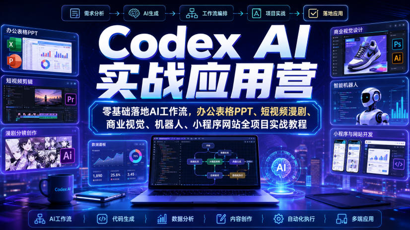 Codex AI实战应用营|零基础落地AI工作流,办公表格PPT、短视频漫剧、商业视觉、机器人、小程序网站全项目实战教程-皮皮网创
