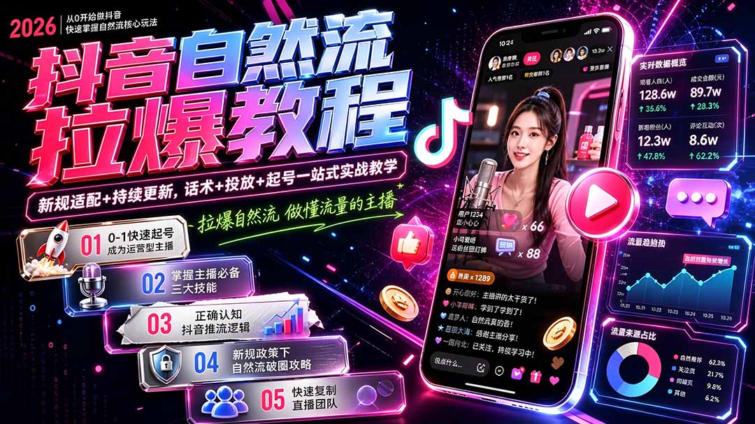 抖音自然流拉爆教程-更新8月：做懂流量的主播，新规适配+持续更新，话术+投放+起号一站式实战教学-皮皮网创