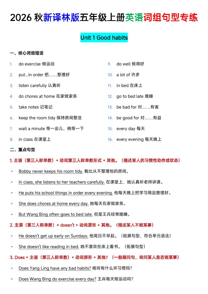 新译林版五年级上册英语U1-U8词组句型专项训练-皮皮网创