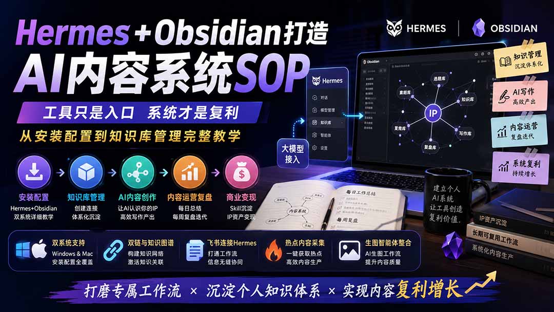 Hermes+Obsidian打造AI内容系统SOP;工具只是入口系统才是复利,从安装配置到知识库管理完整教学-皮皮网创