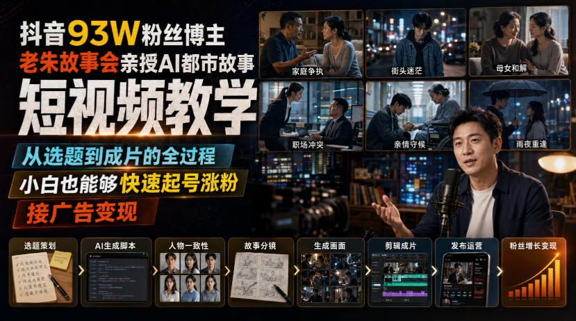 抖音93W粉丝博主老朱故事会亲授AI都市故事短视频教学,从选题到成片的全过程,小白也能够快速起号涨粉接广告变现-皮皮网创