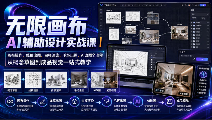 无限画布AI辅助设计实战课|画布操作、线稿出图、白模渲染、毛坯出图、AI改图全流程,从概念草图到成品视觉一站式教学-皮皮网创
