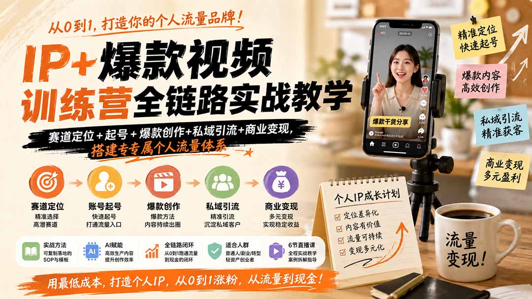 IP+爆款视频训练营全链路实战教学；赛道定位+起号+爆款创作+私域引流+商业变现，搭建专属个人流量体系-皮皮网创