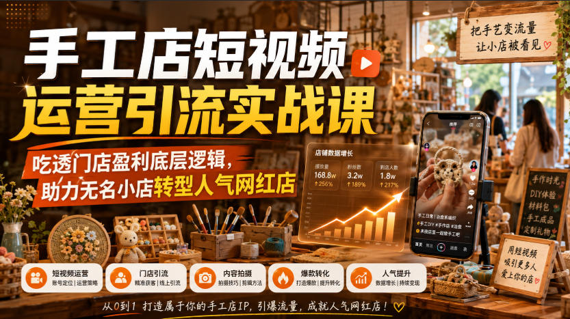 手工店短视频运营引流实战课，吃透门店盈利底层逻辑，助力无名小店转型人气网红店-皮皮网创