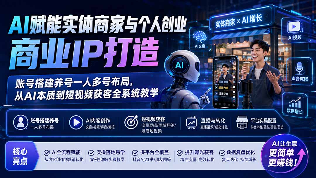 AI赋能实体商家与个人创业商业IP打造;账号搭建养号一人多号布局,从AI本质到短视频获客全系统教学-皮皮网创